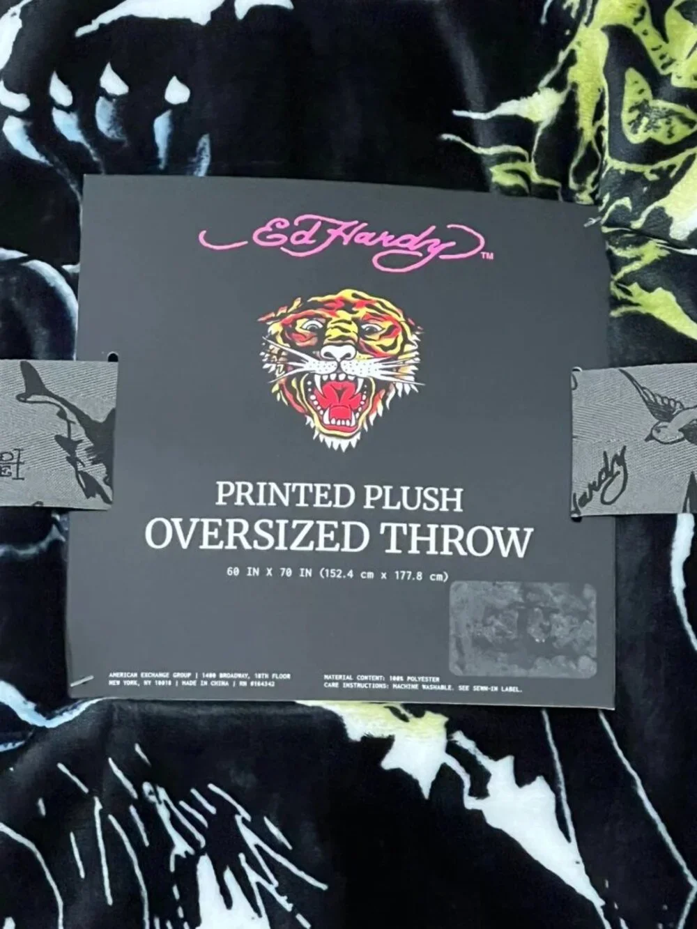 ED HARDY Black Plush Throw Blanket 60x70 Y2K Tattoo Panther Grim Reaper Bats NWT